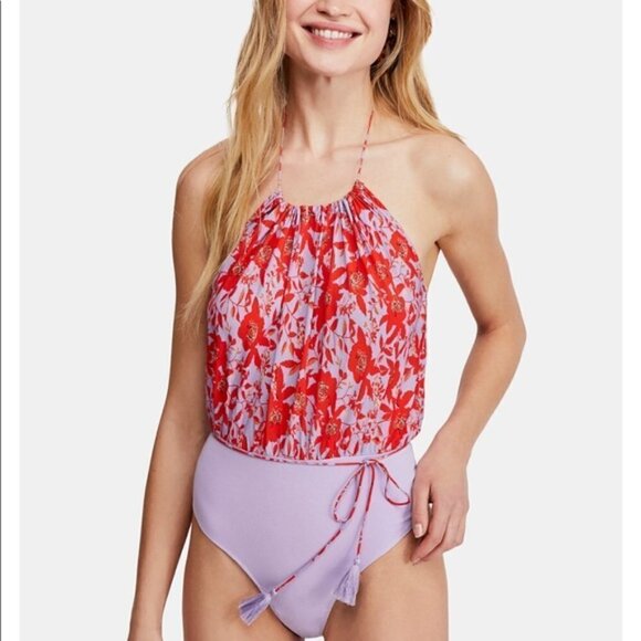 Free People Liza Floral Print Halter Bodysuit, Purple/Red - Picture 1 of 14